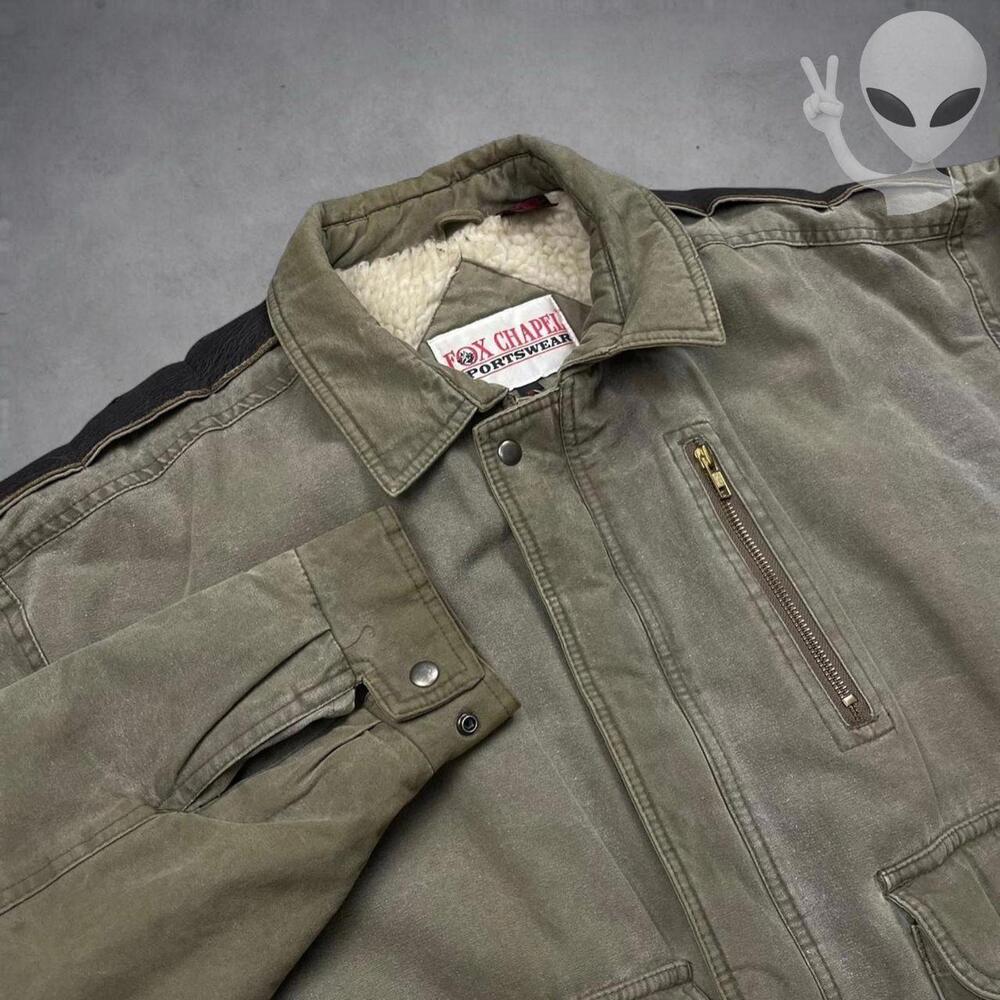 Vtg 90s Fox Chapel Sportswear Jacket XL Olive Sherpa Lined Utility Gorpcore - Picture 2 of 6